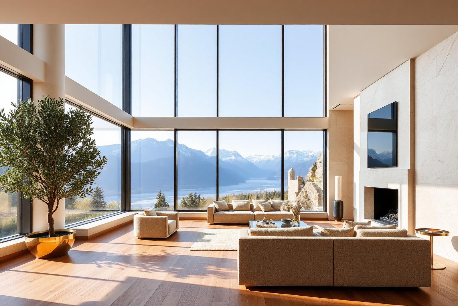 Lounge with fireplace and marble accents